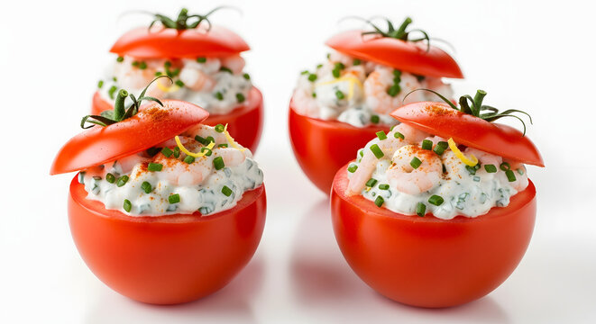 Fresh red tomatoes stuffed with creamy grey North Sea shrimp, isolated on white. Perfect for fresh appetizer concepts