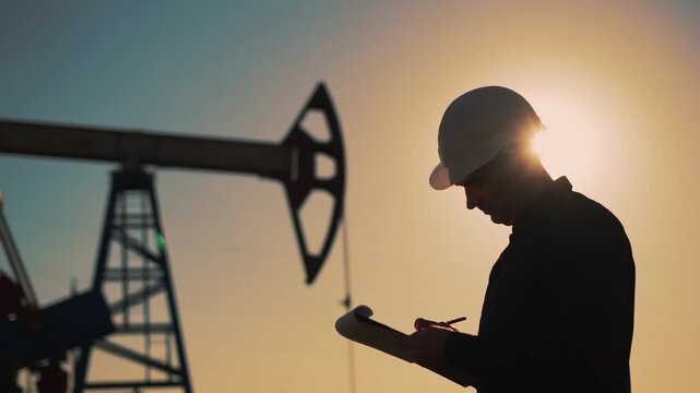 Engineer inspects oil pumpjack at sunset silhouette worker wearing helmet checks clipboard beside pumpjack and industry equipment in oil field with energy infrastructure and industrial skyline