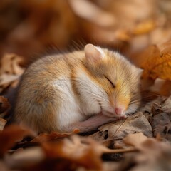Fototapeta premium Sweet Dormouse Nestled in Autumn Leaves