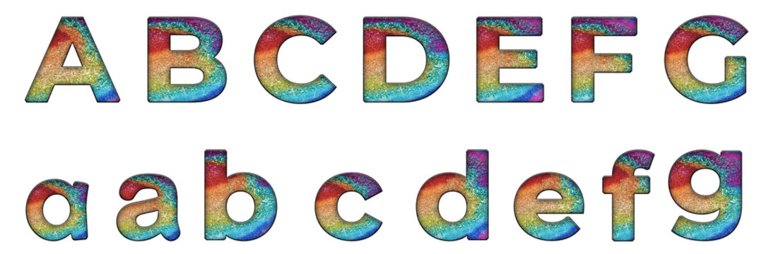 Colorful bling background a, b, c, d, e, f, g word designAlphabet letter text typography font .png