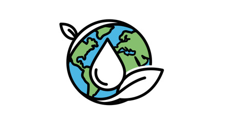 Obraz premium Minimalist line art illustration of a stylized Earth globe with leaves and a water droplet symbolizing eco-friendliness and environmental conservation in a simple graphic design