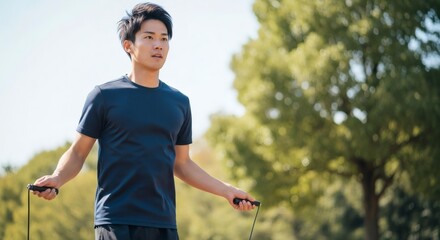 Fototapeta premium Young Athletic Man Holding Jump Rope While Exercising in Sunny Park