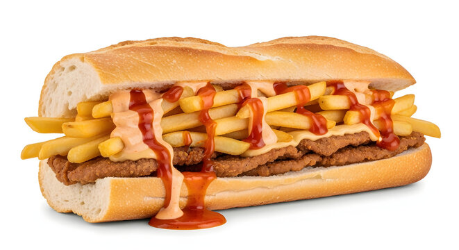 Famous Belgian Mitraillette sandwich loaded with meat, fries, and sauce in a baguette, isolated on white