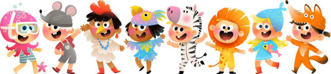 Children dressed in animals costumes as lion, zebra, fox, parrot and others. Diverse kids wearing animals costumes, colorful childhood characters. Vector cartoon illustration clip art collection.