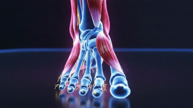Anatomical Illustration of Human Foot Showing Bones, Muscles, and Tendons.