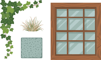 Rustic Wooden Window Frame with Climbing Green Ivy Vines Grassy Shrub and Textured Stone Paver Clipart. © Mominul