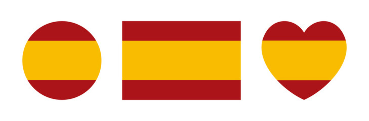 Obraz premium Spain flag heart shaped, rectangle, circle icon, sticker set. Spain civil flag, ensign. Flag of Spain round, rectangular, heart badge, button, banner, background.