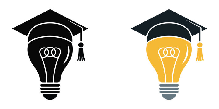 Square academic cap and light bulb idea set, education and innovation concept icons, graduation and creativity symbols, knowledge and inspiration theme, modern flat vector illustration collection for 