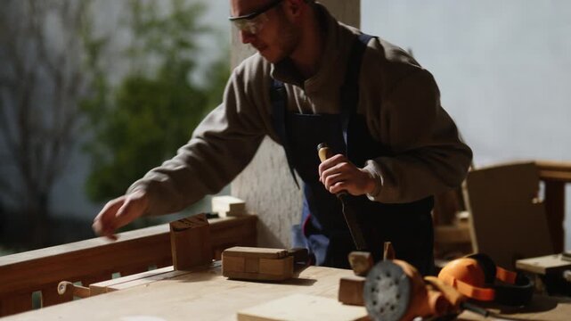 A focused man meticulously works on a wooden craft piece using traditional tools. He is carving wood outdoors, engaged in a hands-on project.