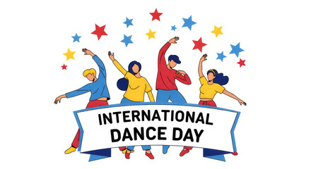 Fototapeta premium International dance day illustration with people dancing and colorful stars isolated on white background
