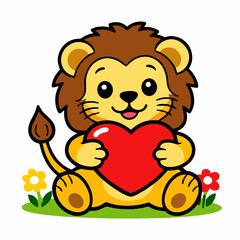 Fototapeta premium Friendly lion sitting with a large red heart in a bright cartoon style. Adorable safari animal vector isolated on white for Valentine cards, nursery prints, stickers, and children design.
