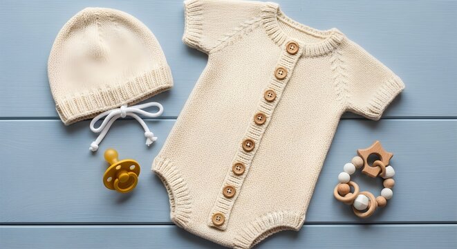 Adorable baby clothing set with hat, onesie, pacifier and teether on blue wooden background
