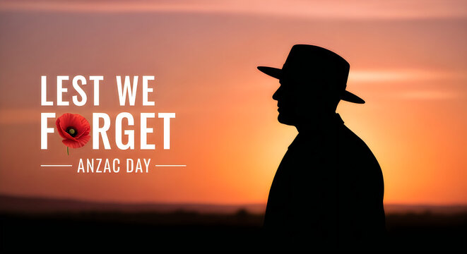 Silhouette of a man in a hat at sunset with lest we forget text for anzac day