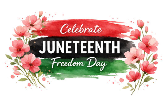 Celebrate Juneteenth Freedom Day watercolor banner with red, black, and green brushstrokes and pink flowers isolated PNG with Transparent Background