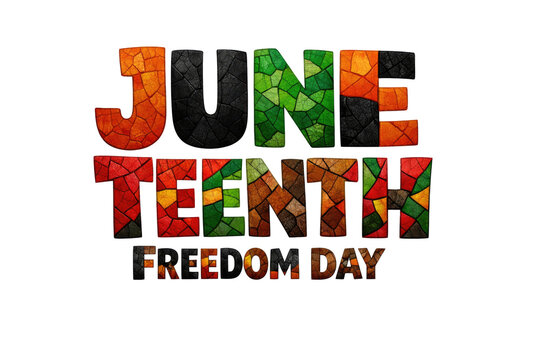 Juneteenth Freedom Day text with mosaic pattern in red, green, black, and brown colors isolated PNG with Transparent Background