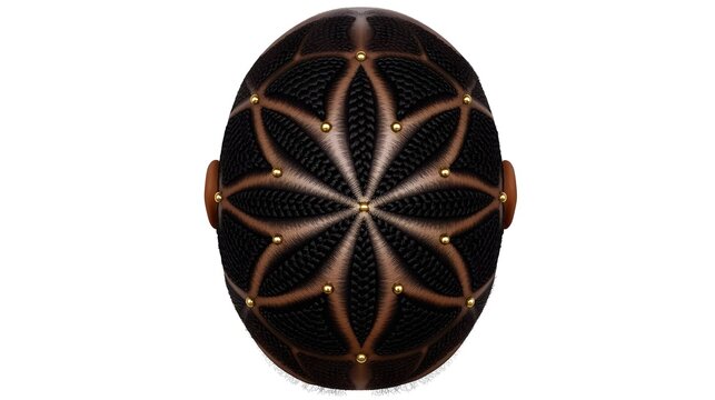 Top view of floral mandala cornrow braid pattern with gold beads, intricate symmetry isolated on white background studio lighting.