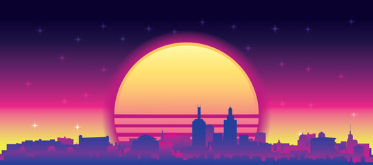 Fototapeta premium Purple generic retro futuristic synthwave panoramic poster of the city skyline with misty background sunset buildings of MELBOURNE, AUSTRALIA
