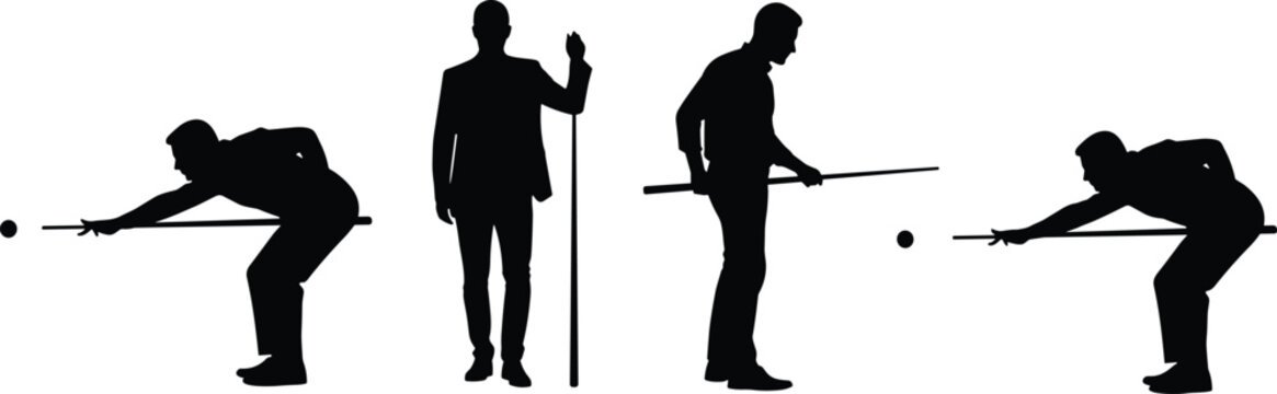 Collection of black billiard player silhouettes featuring men in various snooker poses holding cues and aiming at balls isolated on white for sports design