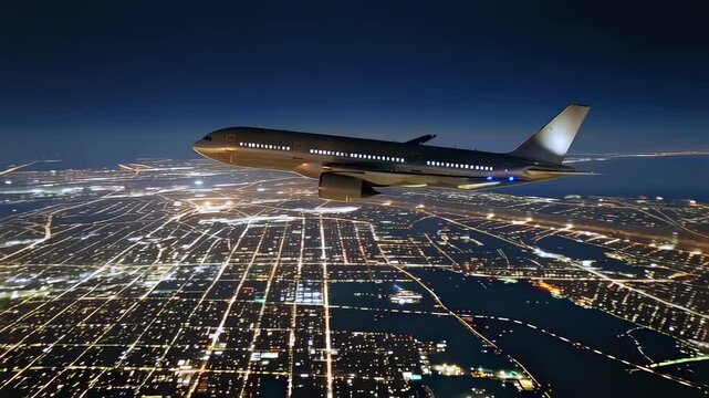 airplane flying over illuminated city at night from side view, aircraft above urban grid lights, aviation travel concept, scenic skyline and night journey, transportation and tourism