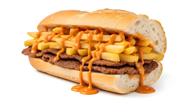 Famous Belgian Mitraillette sandwich loaded with meat, fries, and sauce in a baguette, isolated on white