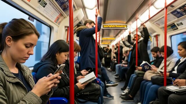 Commuters ride a busy city subway train during rush hour video