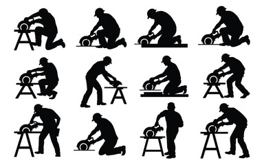 Fototapeta premium Silhouettes of workers performing mechanical tasks on a vehicle using tools in a workshop environment