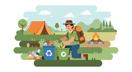 Fototapeta premium Man sorting recyclables while camping outdoors