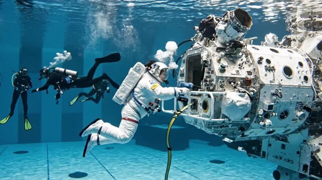Astronaut in a spacesuit training underwater with a large spacecraft simulator and scuba divers in the background in a video