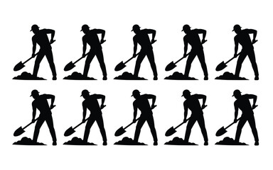 Fototapeta premium Silhouetted workers shoveling in unison dynamic repetitive motion bold black figures on white background vector illustration of labor and teamwork minimalist style for design