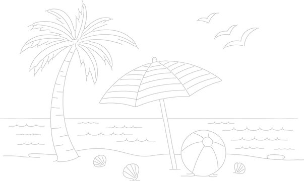 Beach scene vector illustration with palm tree, umbrella, and beach ball