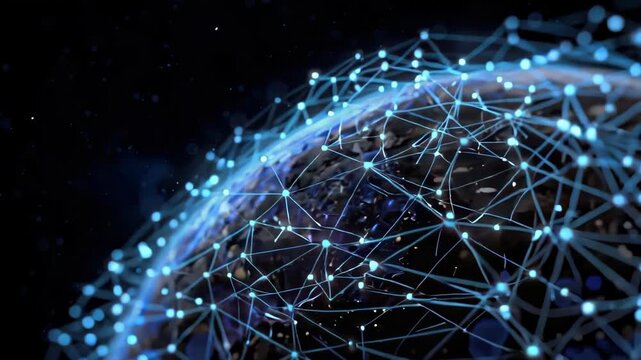 Holographic Sphere Displaying Regional Data Exchange Routes in Blue Neon Light