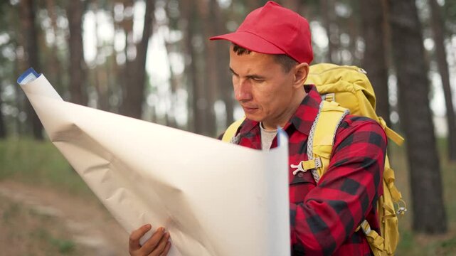 Hiker studies map in forest wearing red cap and plaid shirt with yellow backpack while navigating trail among pine tree checking navigation and map and exploring outdoor planning route for hiking