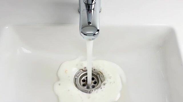 Contaminated. Rusty water flowing from a bathroom faucet into a white ceramic sink. Gradually clearing up until it becomes clean. Showing the process of flushing old pipes and improving water quality