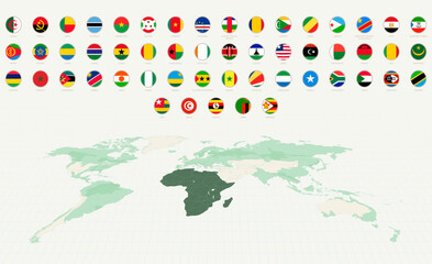 Fototapeta premium Collection of Round Flags of Africa with Africa Highlighted on a World Map.