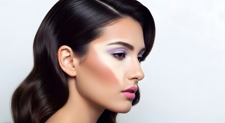 Fototapeta premium Elegant Woman with Makeup and Dark Hair, Beauty and Cosmetics Concept