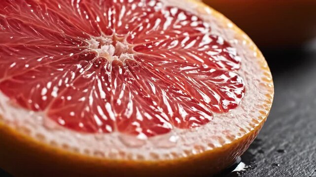 Close-up of a juicy blood orange slice on a dark surface.