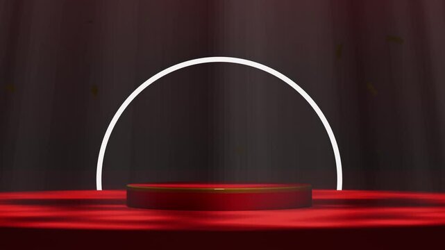 Red podium for product show case with falling colorful confetti particles, for cosmetic product display, modern architectural backdrop, 3d rendering