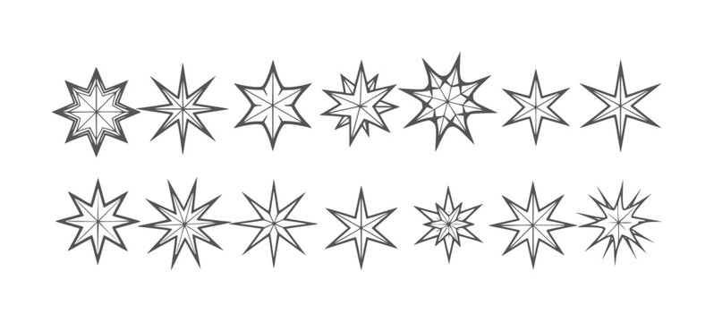 Collection of twelve dark grey starburst shapes with sharp points and geometric patterns