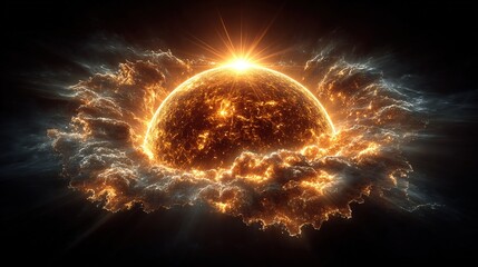 Obraz premium Radiant Glowing Celestial Planet in Deep Space, Enveloped in Cosmic Nebula with Stellar Burst, Sci-Fi Background for Digital Art and Wallpaper