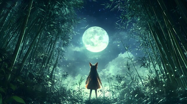A girl with fox ears and tails standing in a bamboo trees
