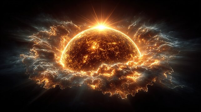 Radiant Glowing Celestial Planet in Deep Space, Enveloped in Cosmic Nebula with Stellar Burst, Sci-Fi Background for Digital Art and Wallpaper