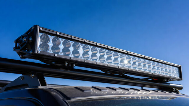 Off-road led light bar mounted on truck roof rack. Automotive customization for night driving and adventure. Performance tuning accessory for suv and 4x4 vehicle. Off-road exploration concept.