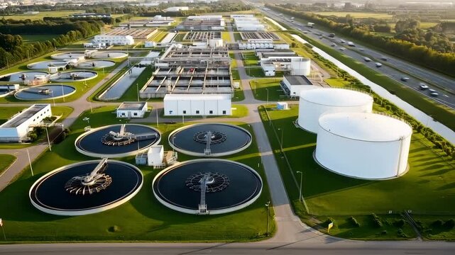 High angle aerial perspective of a modern sewage and wastewater treatment plant, showing sedimentation tanks and purification facilities for treating urban and industrial effluent at sunset