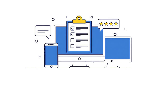 A person evaluates a checklist on a computer surrounded by devices.