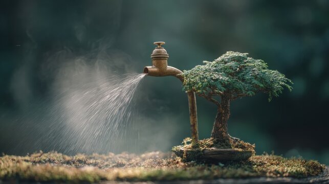 Miniature Brass Water Tap Spraying Water Onto a Lush Bonsai Tree in a Serene Outdoor Garden Setting