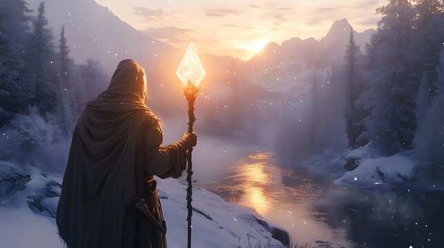 A mage with a glowing crystal staff in a snowy landscape