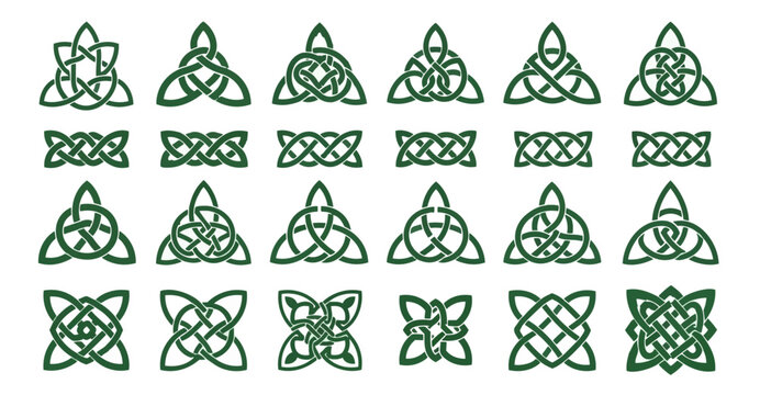 Celtic knot patterns in green on black background graphic design elements