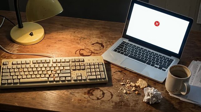 Escritorio manchado con círculos de café seco migas de pan y un portátil 