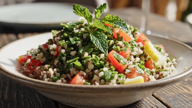 Delicious and Healthy Tabbouleh Salad with Fresh Ingredients on a Plate.