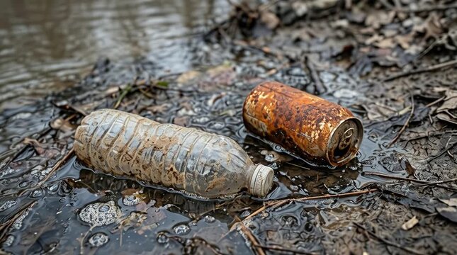 Impacto ambiental mostrando una botella de plástico  y una lata de aluminio oxidada flotando en la orilla de un río